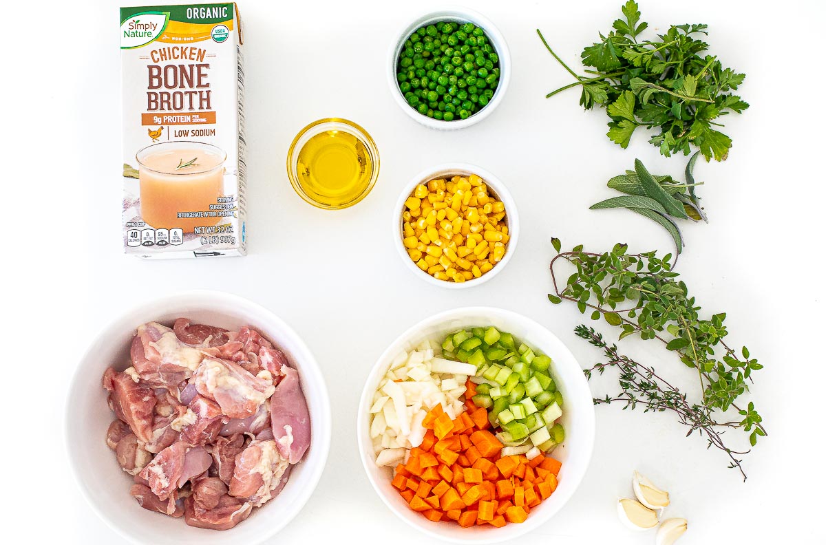 ingredients for instant pot chicken pot pie soup on white counter top