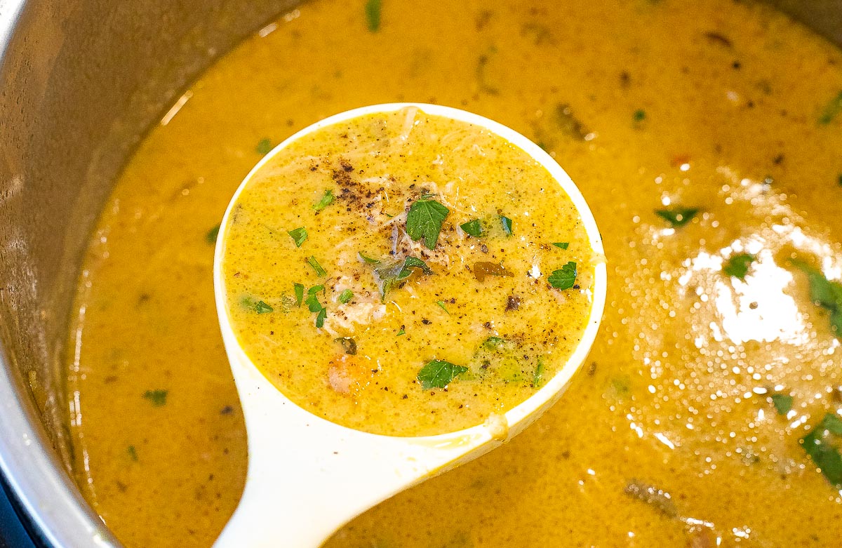 ladling chicken pot pie soup out of the instant pot