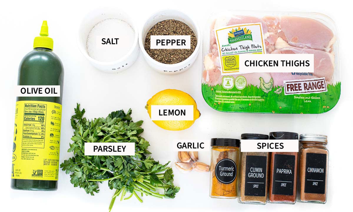 Chicken Shawarma ingredients on white counter top. 