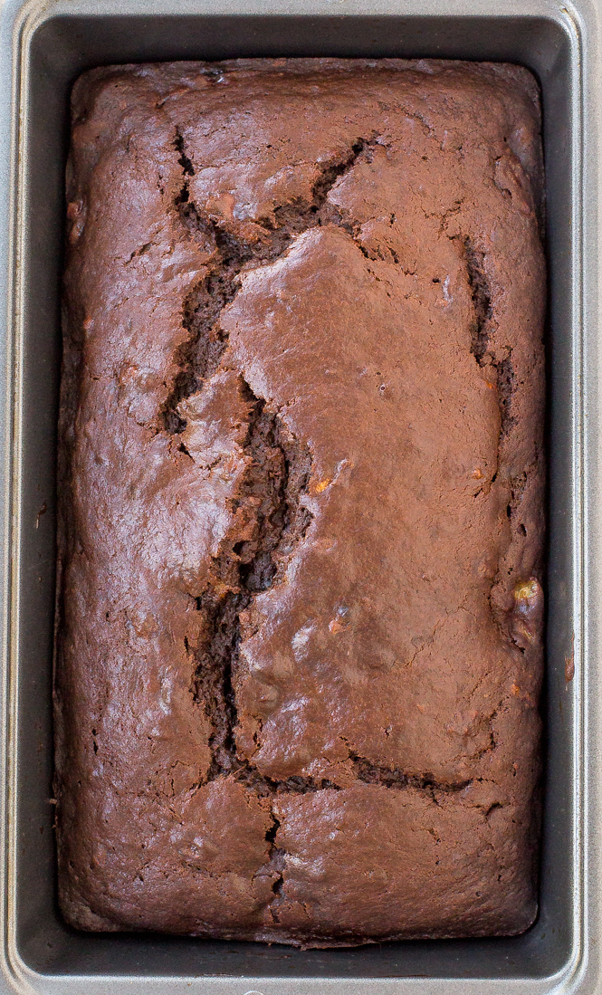Banana Bread | chefsavvy.com Double Chocolate Banana Bread in a bread tin.