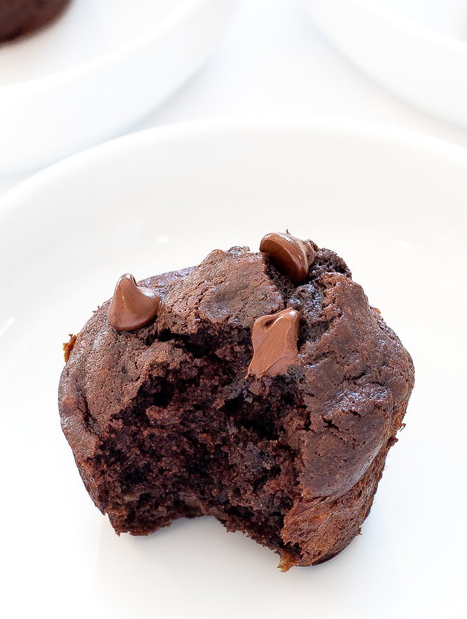 A chocolate banana muffin on a white plate.