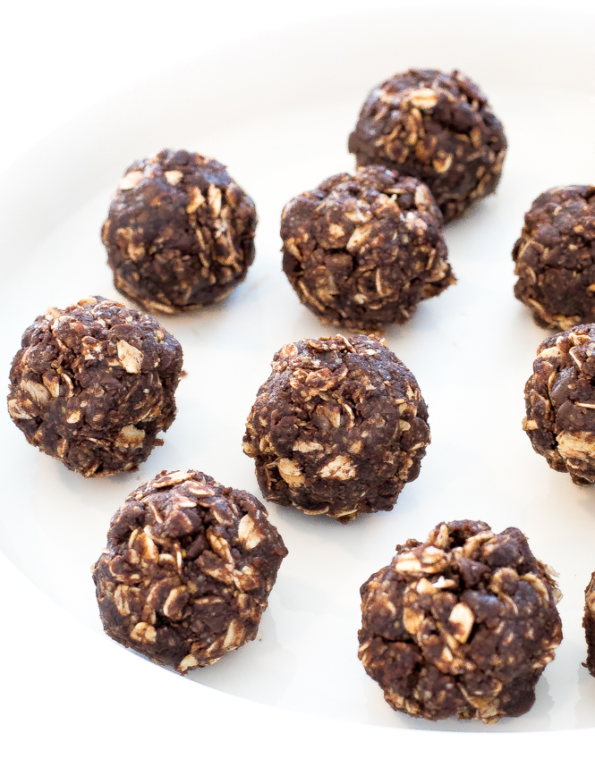chocolate chip oat peanut butter bites on white plate
