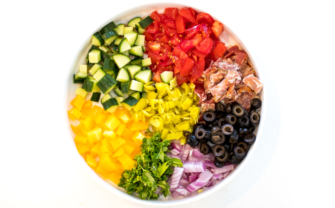 an overhead view of all the ingredients needed to make this Italian chopped salad \ chefsavvy.com