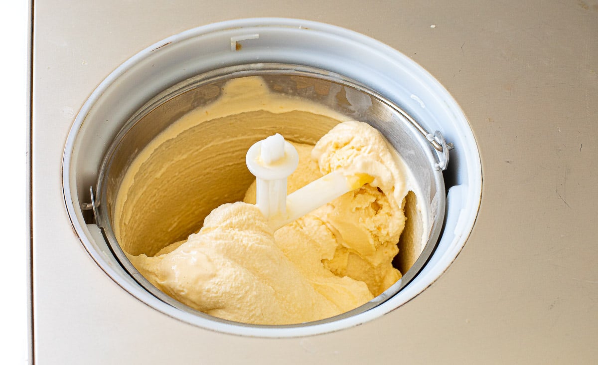 homemade lemon ice cream churned in an ice cream machine