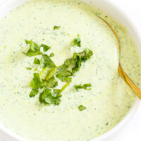 Cilantro sauce served in a white bowl with sprigs of cilantro on top.