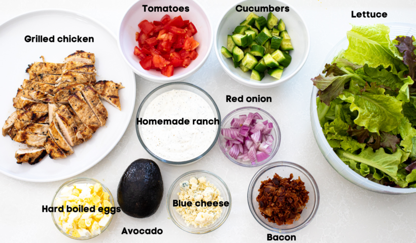 Ingredients needed for grilled chicken Cobb salad. 