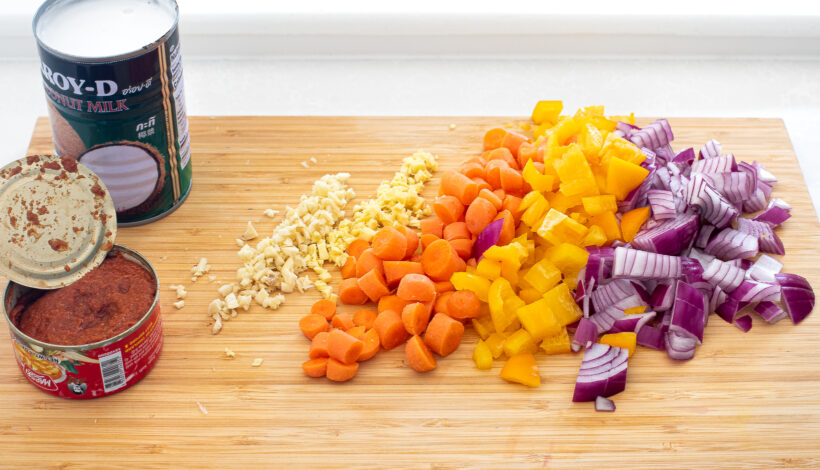 Ingredients needed for coconut curry salmon.