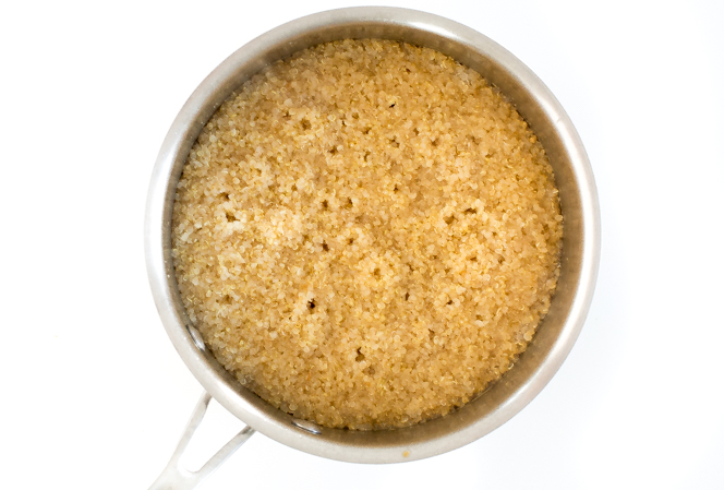 cooked quinoa in a small saucepan