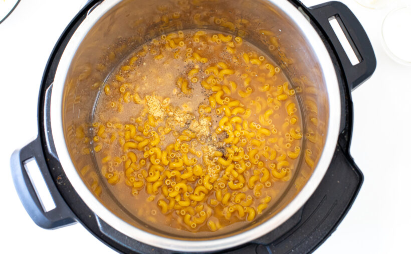 Macaroni, chicken broth and seasonings in instant pot.
