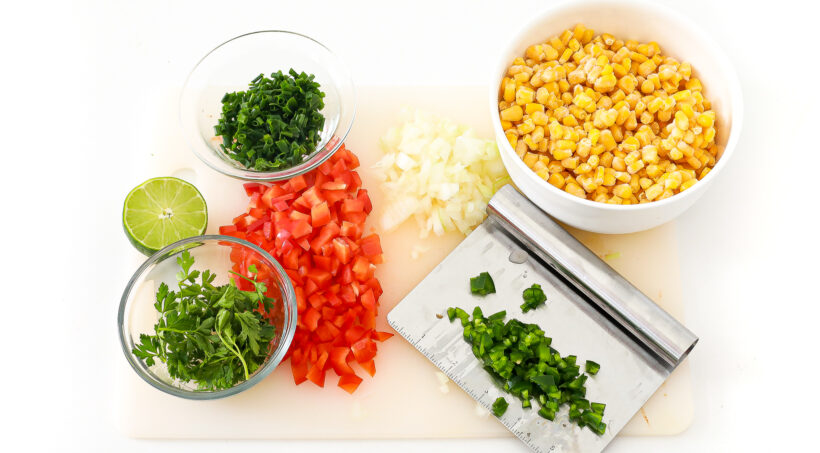 Ingredients needed for fresh corn salsa. 