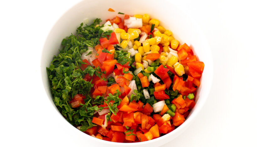 Ingredients added to a white bowl before mixing. 