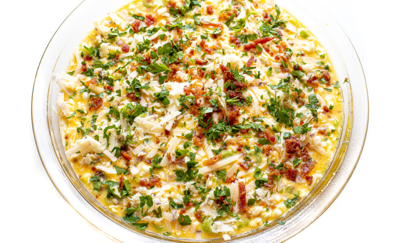 Unbaked quiche ready for the oven.