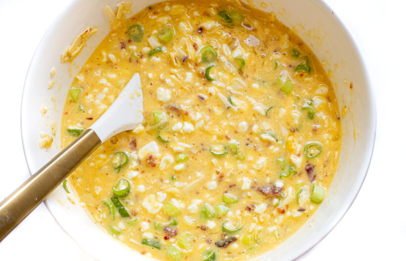 Quiche mixture with all of the ingredients added in.