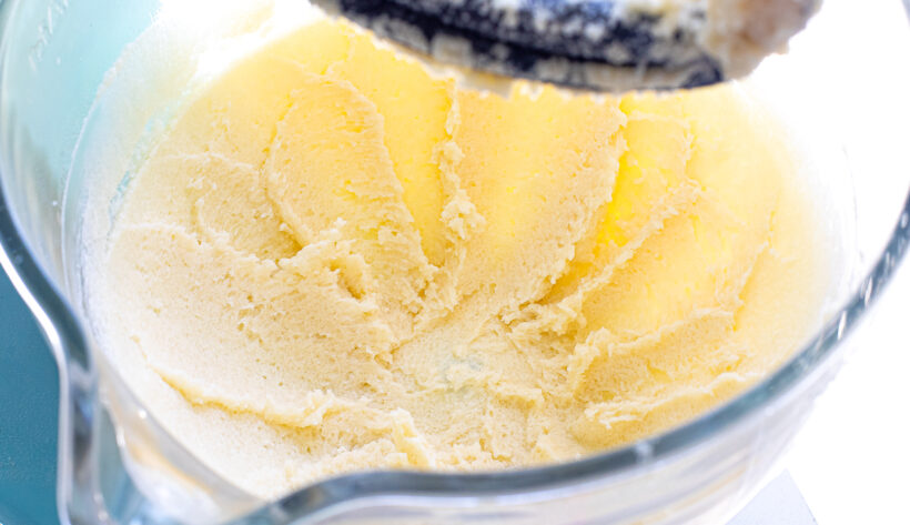 Butter and sugar mixed in a bowl.