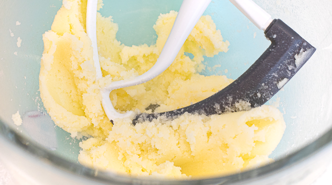 creaming butter and sugar in a stand mixer with the paddle attachment