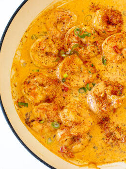 Creamy Cajun Shrimp in a saucepan.