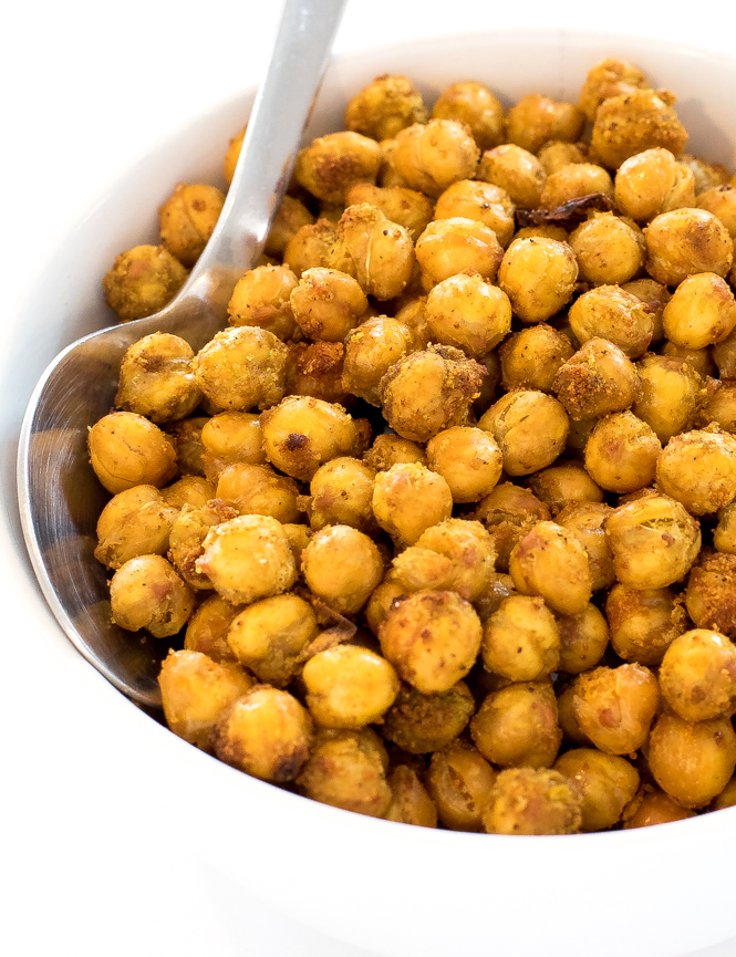 a white bowl filled with these Air Fryer Chickpeas and a spoon