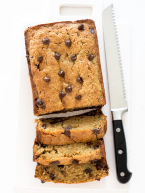 top view of chocolate chip zucchini bread with knife