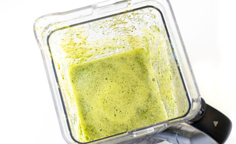 Cucumber mint lemonade in a blender before being strained.