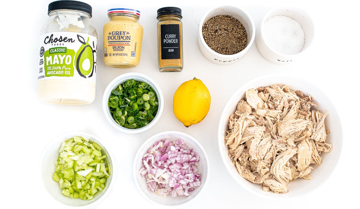 curry chicken salad ingredients on counter