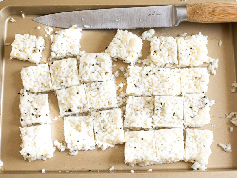 Sushi rice cut into squares. 