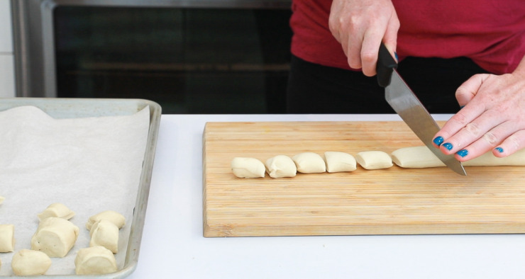 cutting pretzel bites into pieces