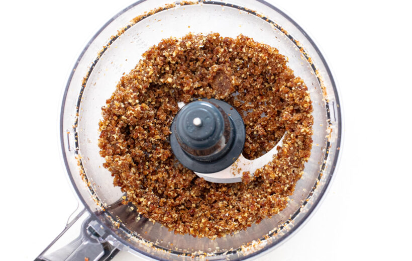 Ingredients in a food processor after being blended.