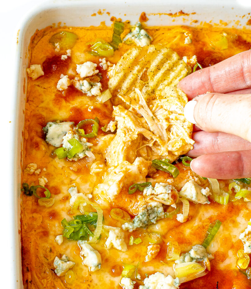 Hand dipping potato chip into buffalo chicken dip.