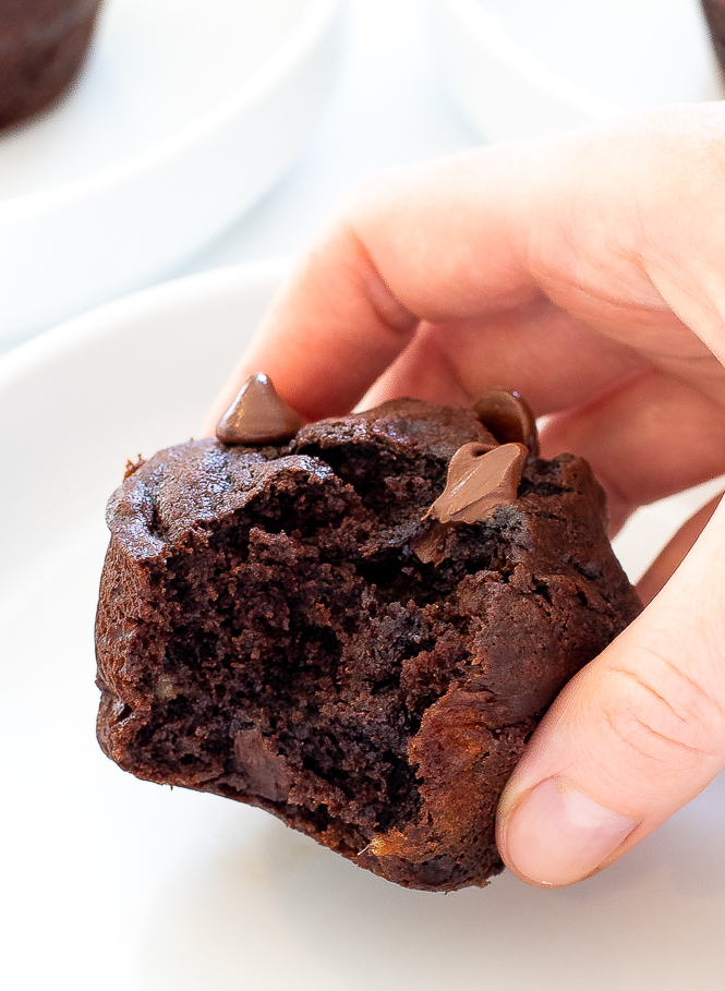 A hand holding a chocolate banana muffin on a white plate.
