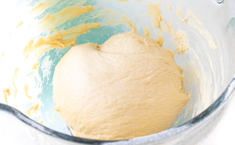 homemade burger bun dough in stand mixer