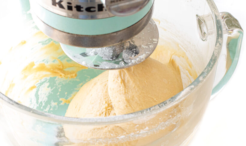 mixing dough with dough hook in stand mixer