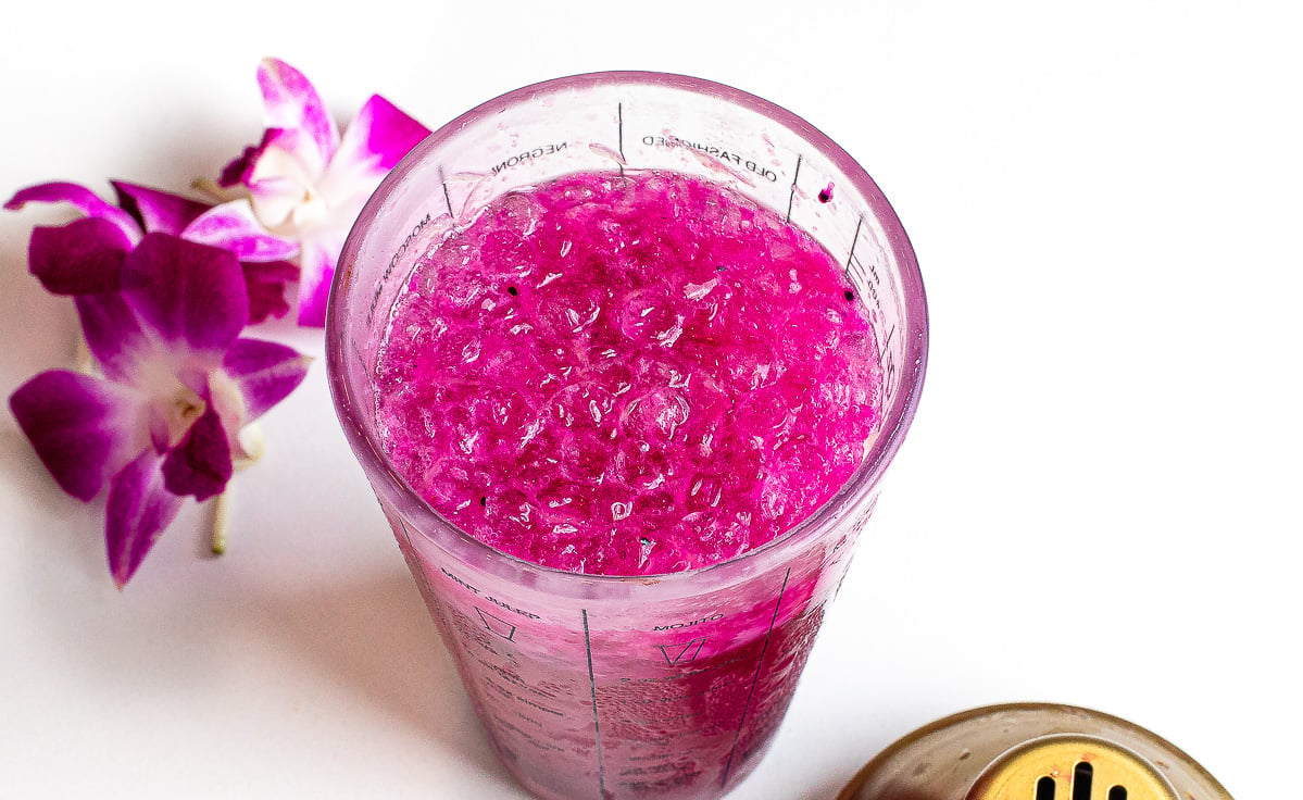 Icy dragon fruit in a cocktail shaker.