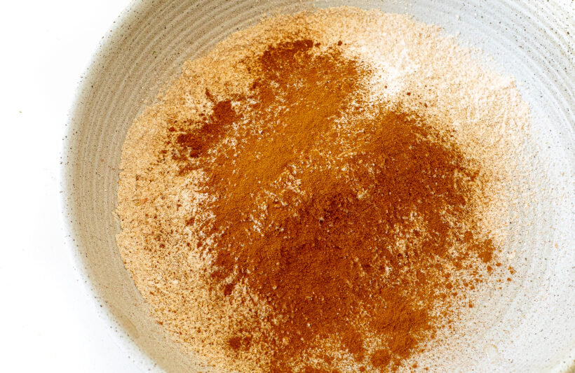 dry ingredients in gray bowl