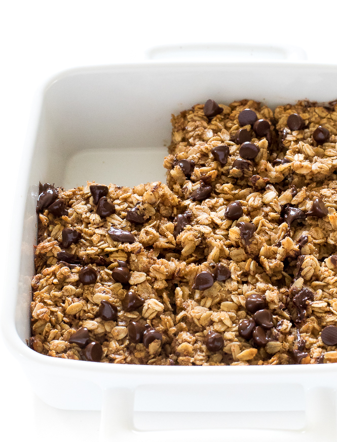 baked oatmeal in casserole topped with chocolate chips