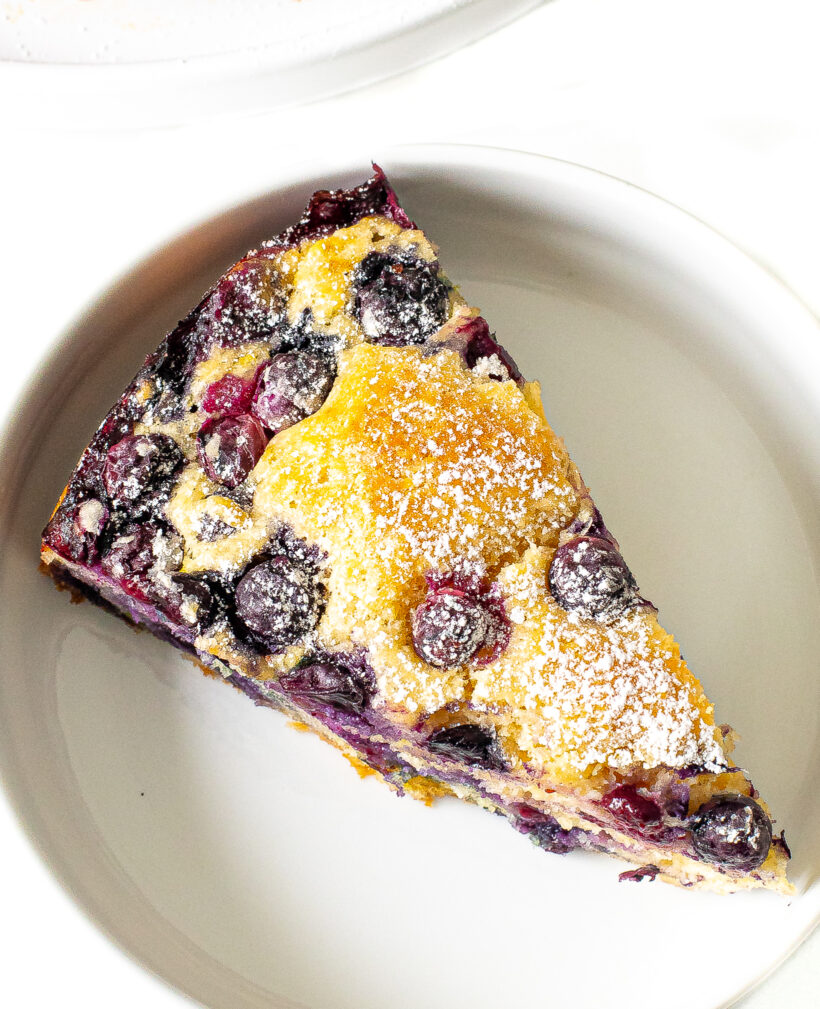 A slice of blueberry cake on a white plate.