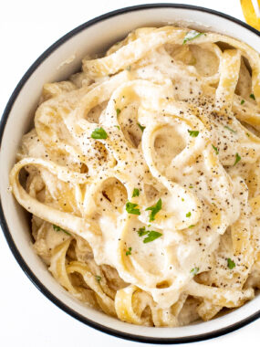 Cottage Cheese Alfredo in a white bowl.