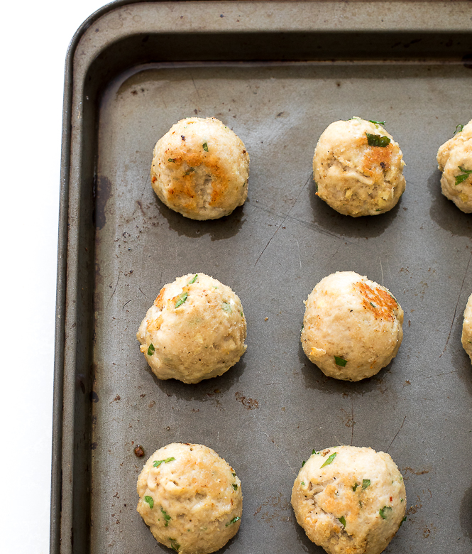 Chicken Meatballs on baking sheet Chicken Meatballs on baking sheet
