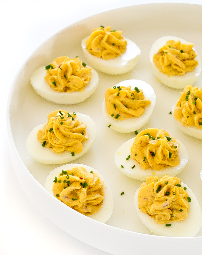 Deviled Eggs | chefsavvy.com instant pot deviled eggs on white platter