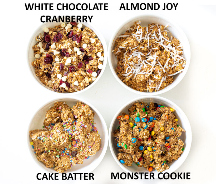 overhead shot of four different energy ball flavors