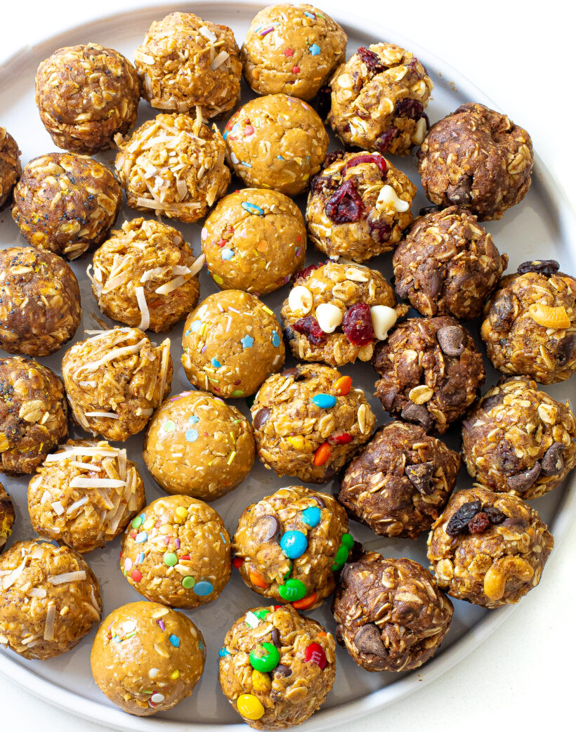8 energy bite recipes on white plate