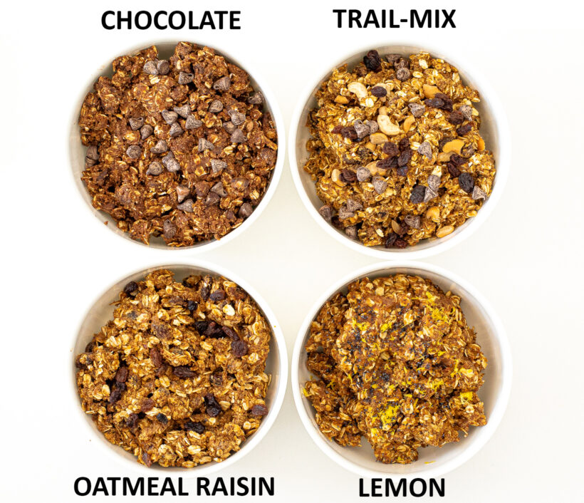 overhead shot of 4 flavor combinations for energy balls