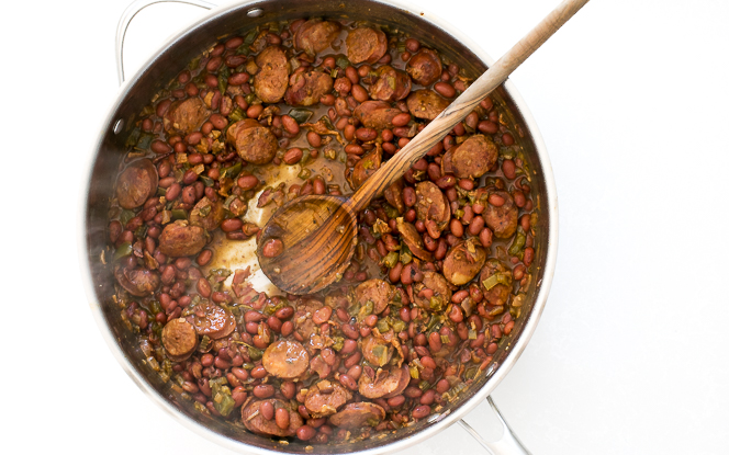 overhead shot of cooked red beans and rice in skillet