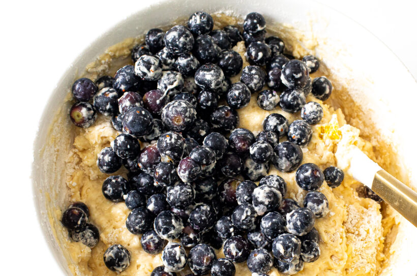 Blueberries tossed with cake batter.