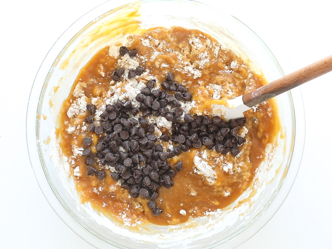 folding in chocolate chips to batter
