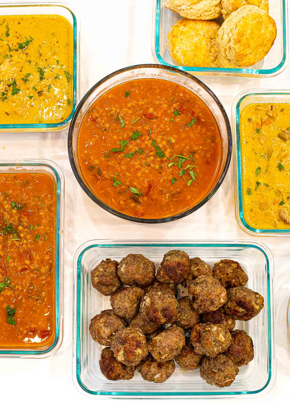 overhead shot of freezer meals on counter top