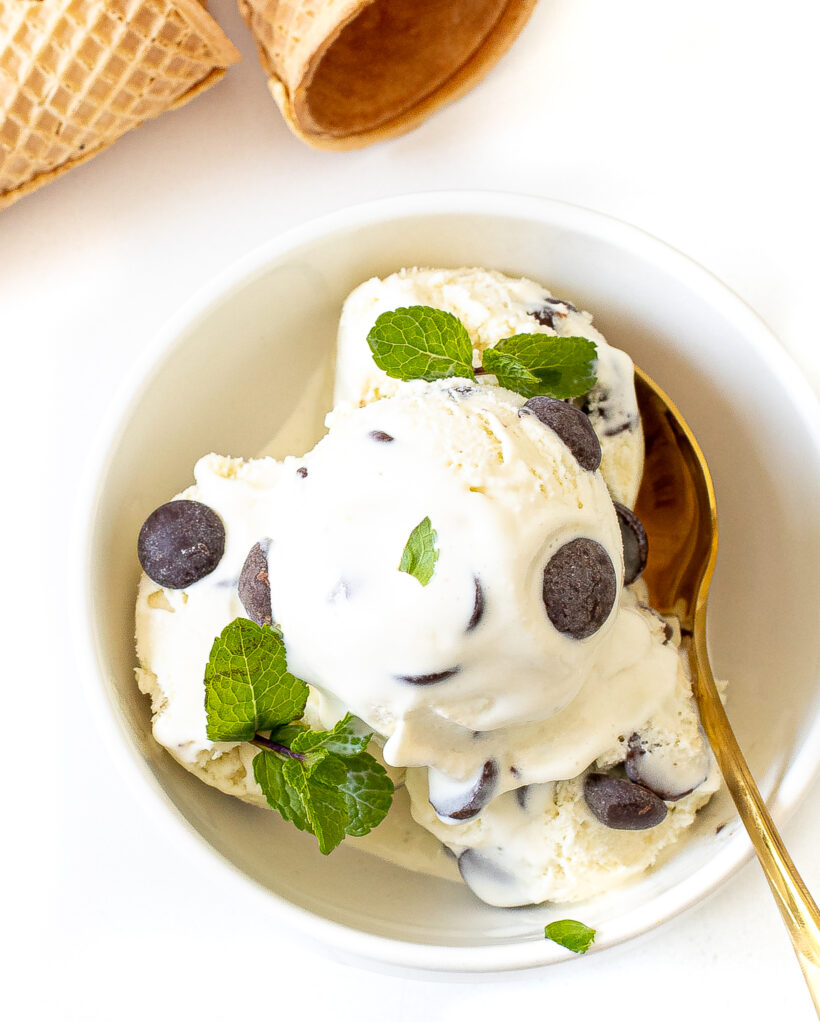 Overhead shot of scoops of mint ice cream with chocolate chips and fresh mint on top. 