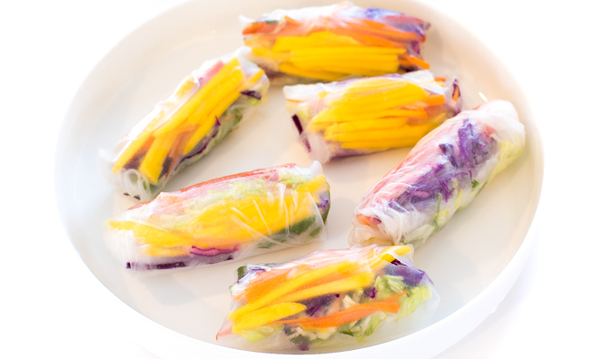 rolled up spring rolls on white plate