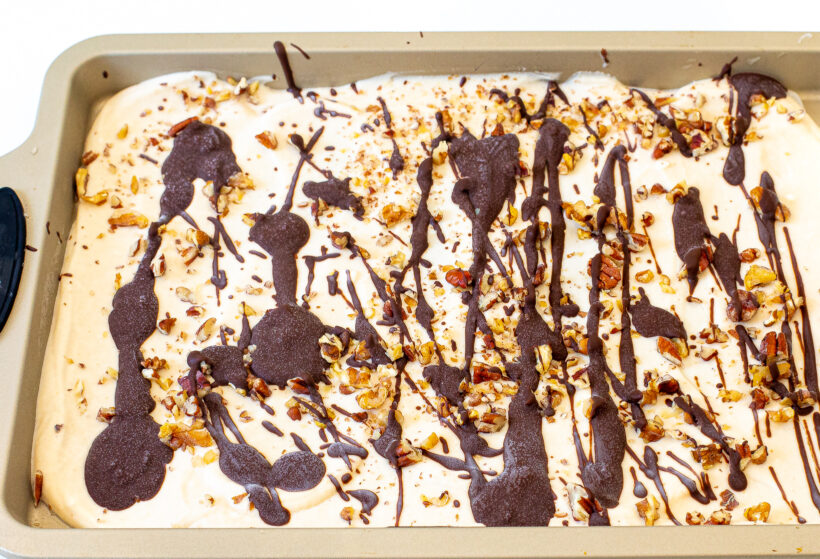 Cottage cheese bark on a baking sheet after being frozen.