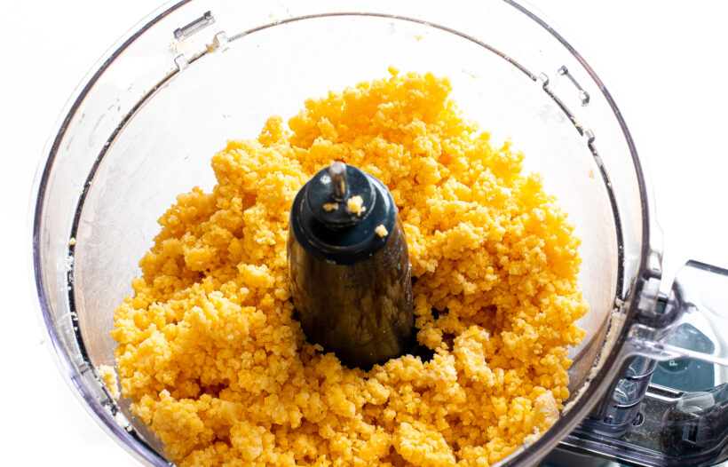Goldfish cracker dough in a food processor. 
