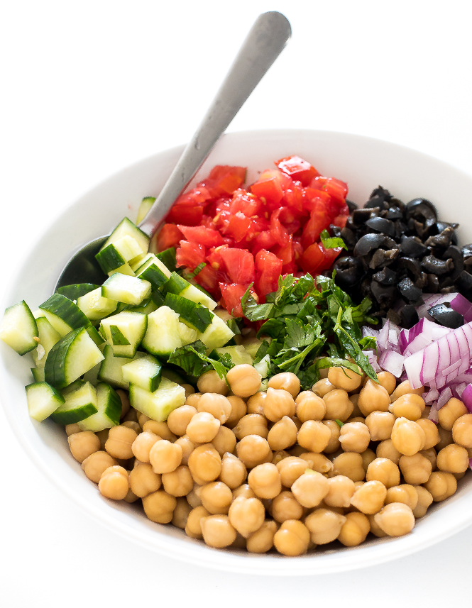 Mediterranean Salad Recipe | chefsavvy.com chickpea salad ingredients in white bowl